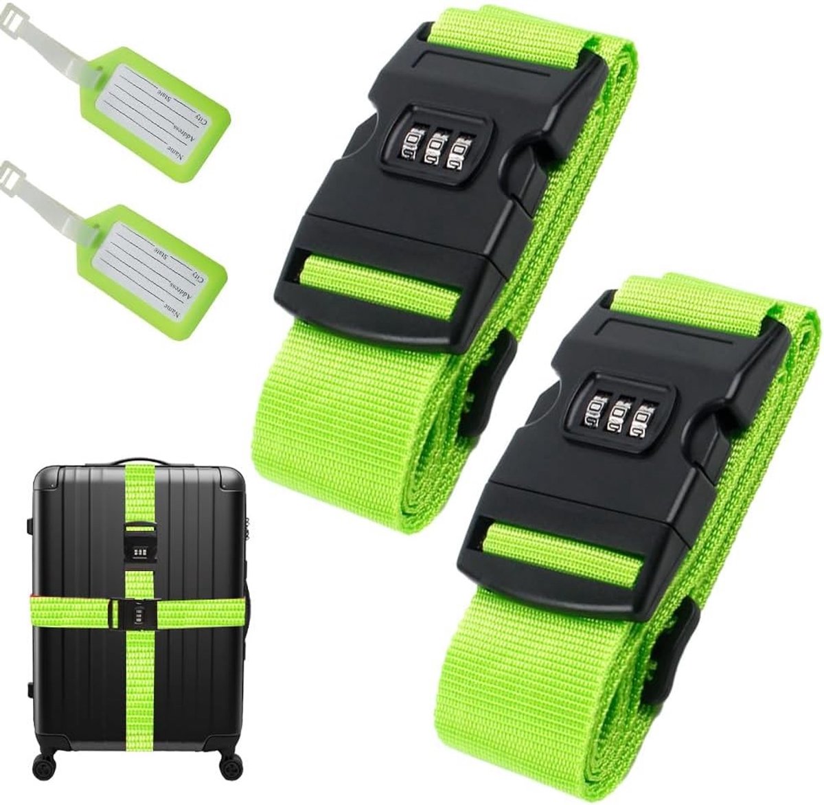 Set van 2 Duurzame Bagagebanden met Slot, Sterke Hoogwaardige Riemen, Ideaal voor Reisbagage met Naamlabels, Fluorescerend Groen