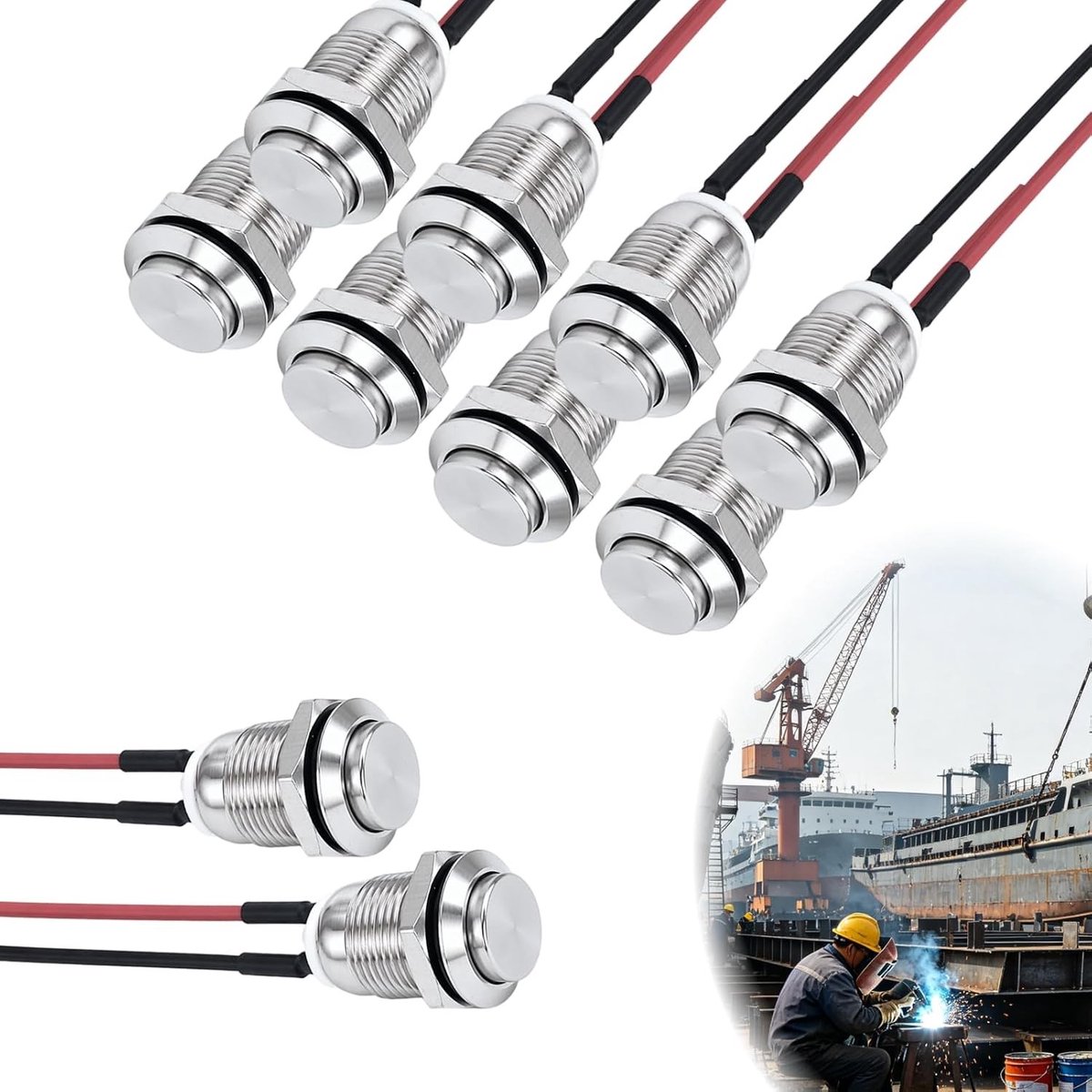 Momentane drukknop 12 mm, roestvrij staal, IP65, voorbekabeld, 2 A, geschikt voor 12 V, 24 V, 125 V, 250 V, aan/uit-schakelaar voor bedieningspaneel, duurzame schakelaar, hoge kop ontwerp