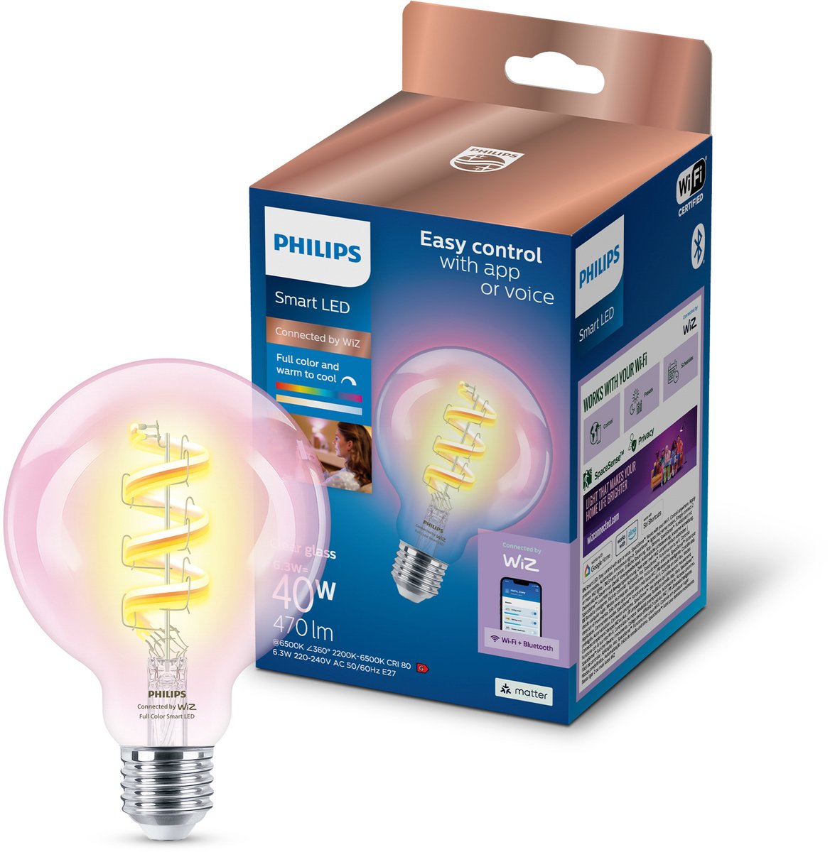 Philips Smart Lighting - LED-filamentlamp - E27 fitting - RGB - Gekleurd en instelbaar wit licht - Dimbaar - 40W - Globelamp: G95 - Helder glas - Wifi