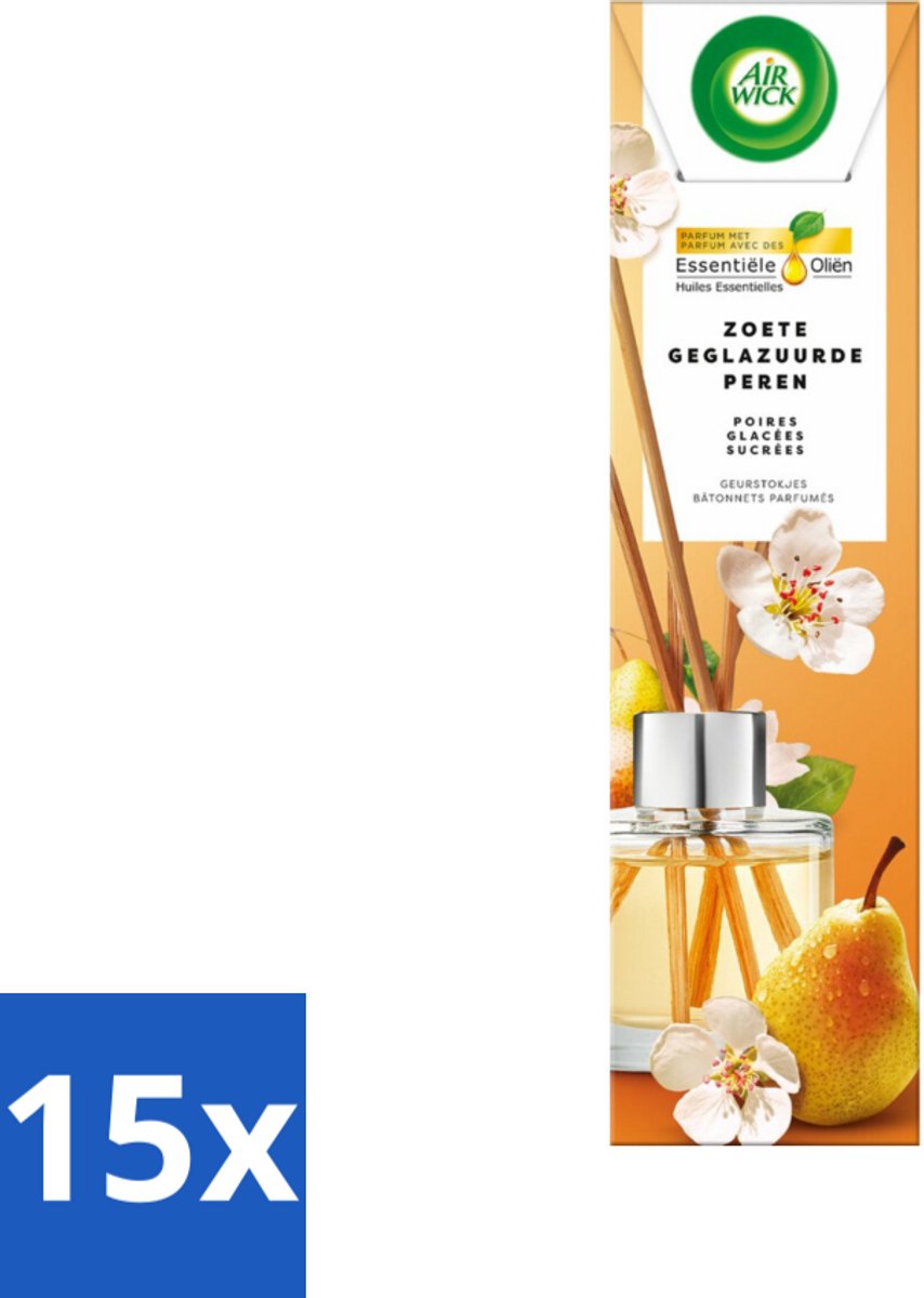 15 x Air Wick - Geurstokjes - Zoete Gekarameliseerde Peer - Essentiële Oliën - 40 ml - Geurstokjes - Geurverspreider - Essentiële Oliën - Gekarameliseerde Peer - Zoete Geur