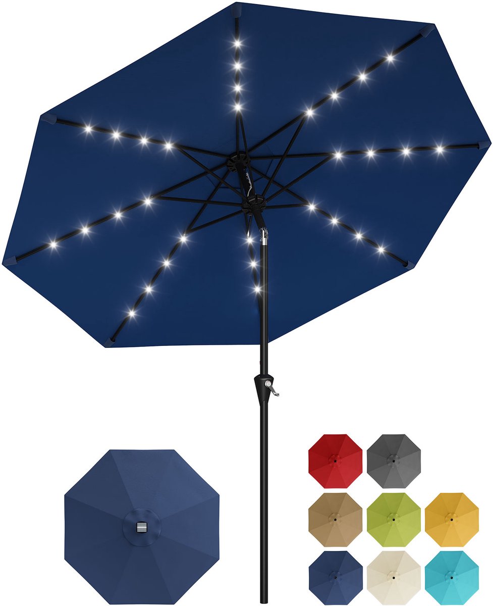 Parasol met Solar LED-Verlichting - 270x270x236cm - Tuinparasol Zonder Voet - Grote Tafelparasol - Kantelbaar met Drukknop - 8 Stevige Ribben - Voor Tuin Terras Zwembad - Donker Blauw