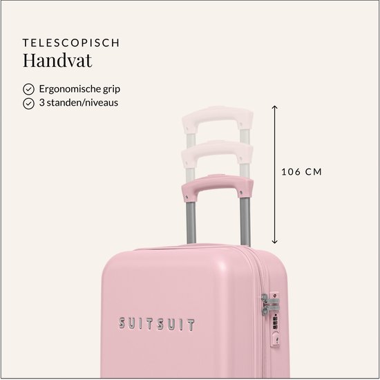Roze SUITSUIT koffer met uittrekbaar handvat in 3 standen, max. 106 cm.