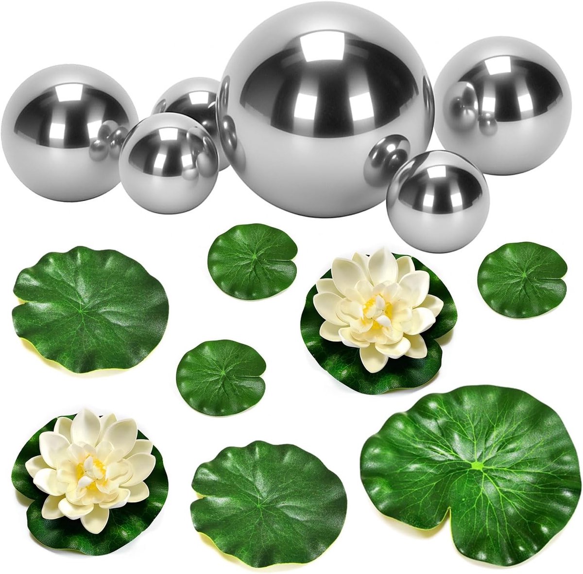 Set van 6 drijvende ballen voor mini vijver met lotus bladeren en bloemen voor tuindecoratie, vijveraccessoires en sfeervolle tuinverlichting
