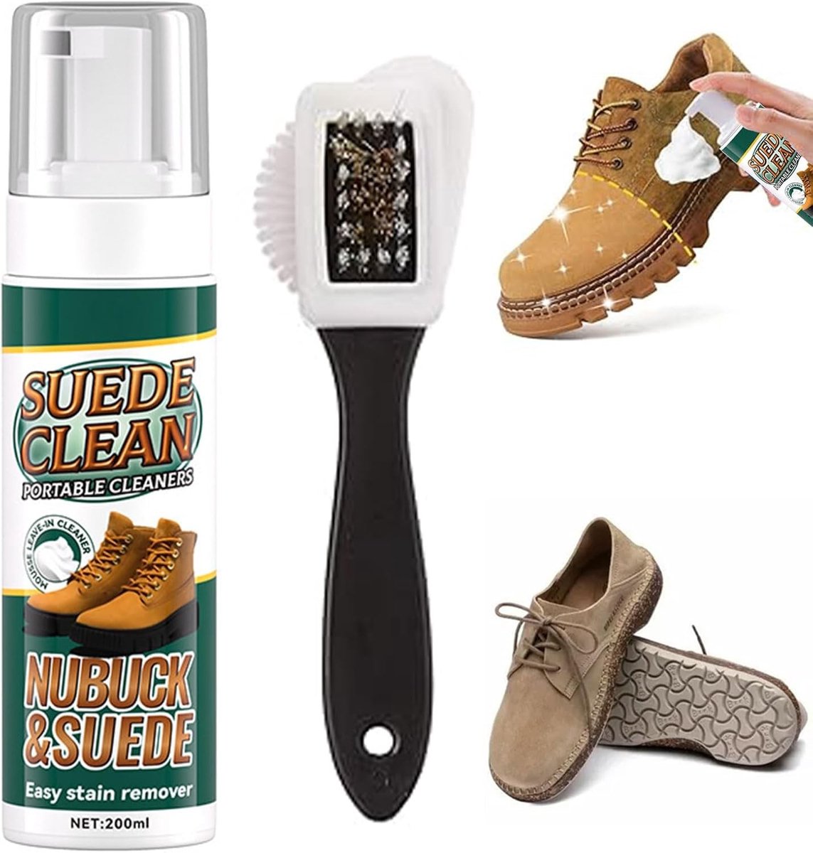 Suède Schoenreiniging, 200 ml, Reinigingskit voor Suède, Nubuck en Leer, Inclusief Schoenborstel voor Effectieve Verzorging van Schoenen en Laarzen