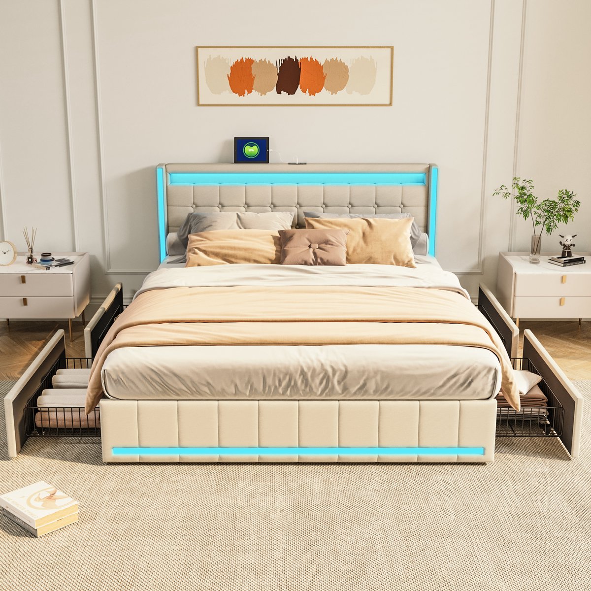 Volwassen bed 140x190 cm, tweepersoonsbed met LED-verlichting, 4 opberglades en gecapitonneerd hoofdbord, lattenbodem, linnen, beige, zonder matras