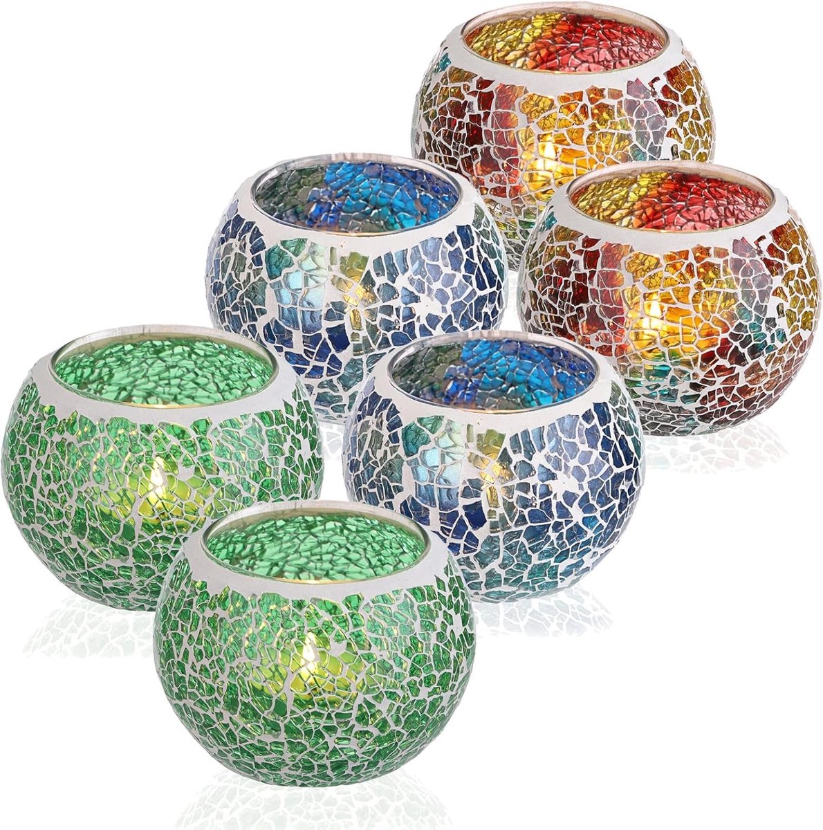 Windlicht van glas - Veelkleurig, Blauw en Groen - Set van 6 - Mozaïekglas Theelichthouders - Decoratie voor Feest en Woonkamer