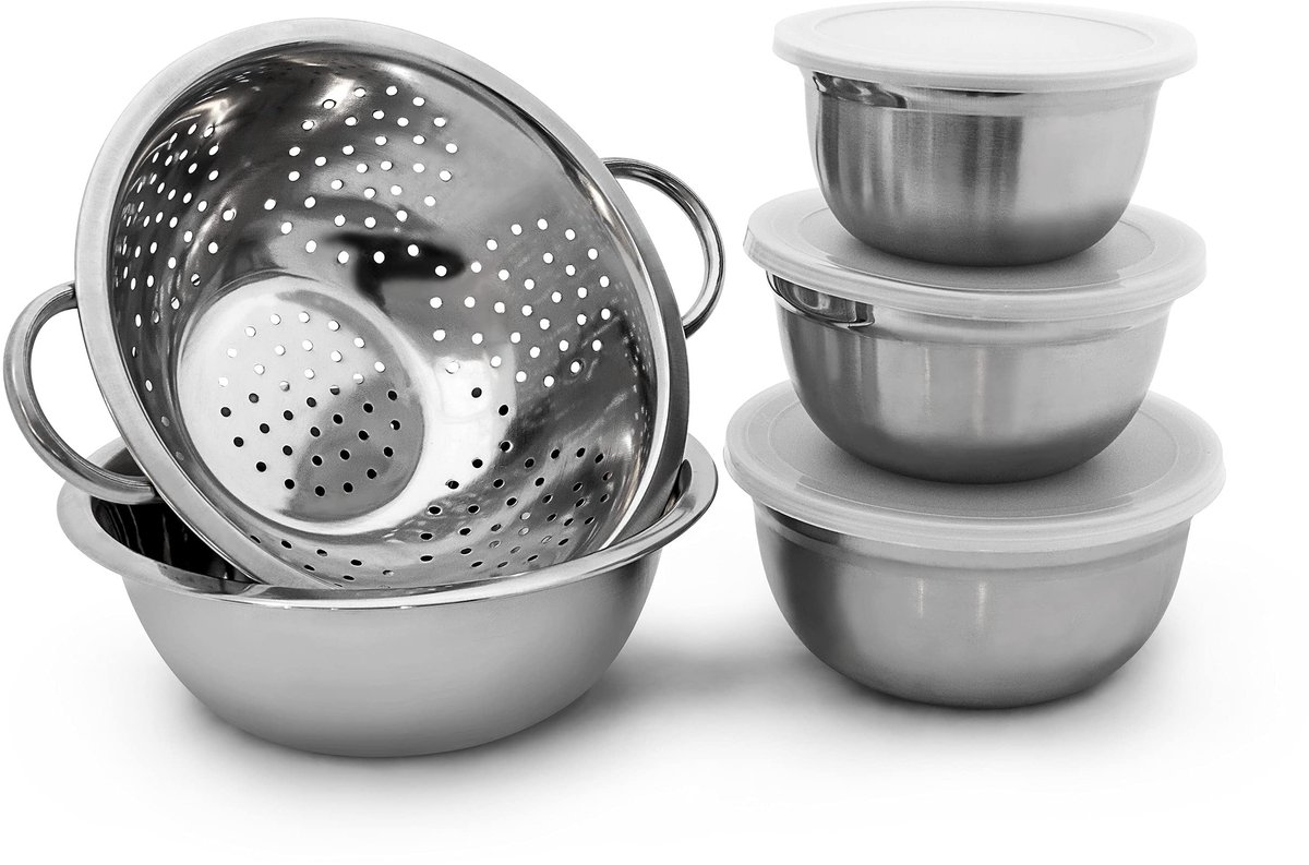 Famanu – Schalenset van roestvrij staal, 5-delig, met deksel, slakom en vergiet, HxBxD: 10 x 24 x 30 cm, zilver