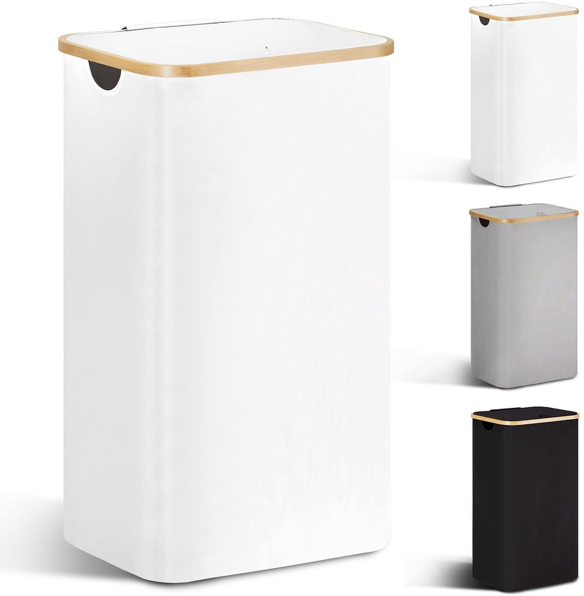 Famanu – Wasmand met deksel, 85 liter, smalle wasverzamelaar met waszak, opvouwbare wasmand van hout en bamboe, wit