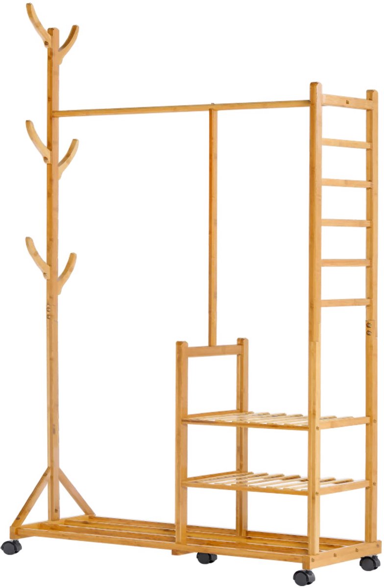 Famanu – 4-in-1 kledingrek van bamboe met kapstok aan de zijkant, boomdesign met haken, opbergplanken met wielen, ideaal voor kleding en schoenen