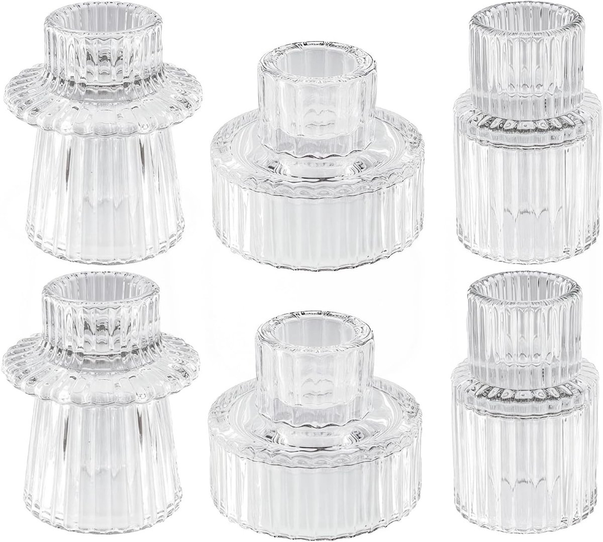 Windlicht van glas - Transparant - Set van 6 - 2-in-1 Kandelaars en Theelichthouders - Voor Tafeldecoratie