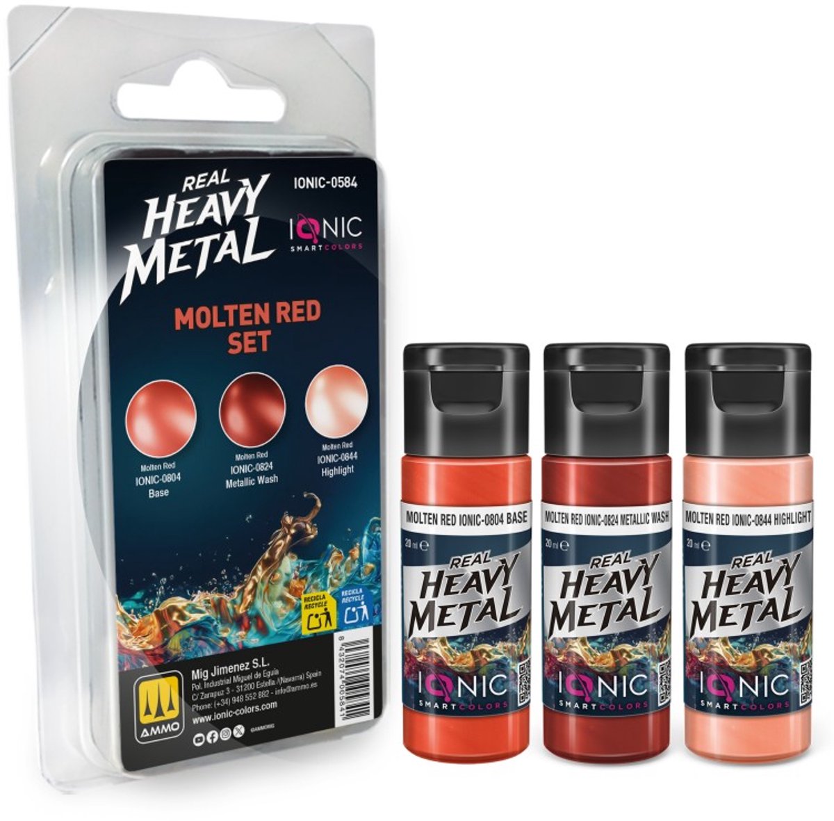 AMMO by Mig Jimenez Hobbyverf Acrylverf - MIG IO0584 Ionic Smart Colors - Real Heavy Metal - Gesmolten Rood Kleurenset - Acryl Set 3x20 ml Verf set - 3x 20 ml