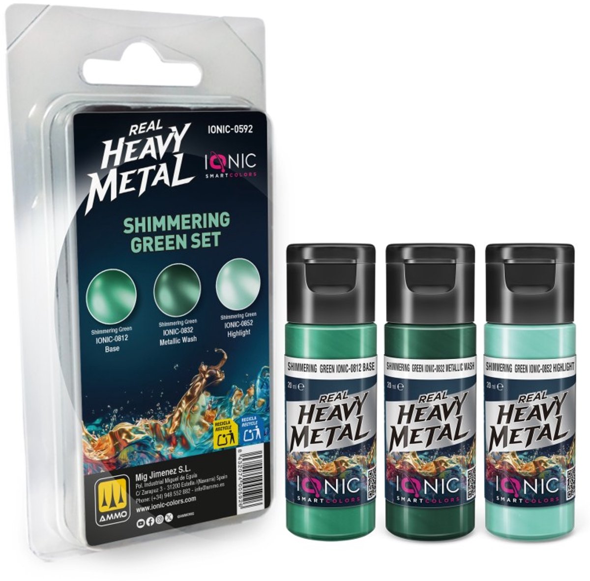 AMMO by Mig Jimenez Hobbyverf Acrylverf - MIG IO0592 Ionic Smart Colors - Real Heavy Metal - Glanzend Groen Kleurenset - Acryl Set 3x20 ml Verf set - 3x 20 ml