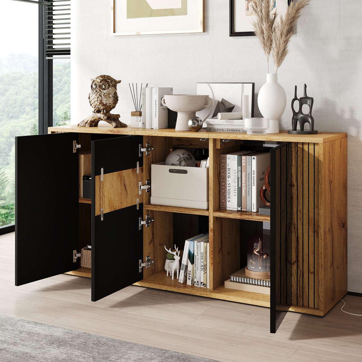 Stijlvol Dressoir Met 3 Deuren En Drukopensysteem Voor Woonkamer, Eetkamer En Hal - MDF En Spaanplaat - Zwart En Natuurlijk - 140x35x71 Cm