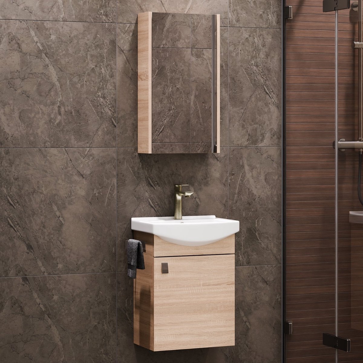 Planetmöbel Badkamermeubel Set 45 cm – Sonoma Eiken – Keramische Wastafel met Spiegelkast – Wandhangend – Soft-Close