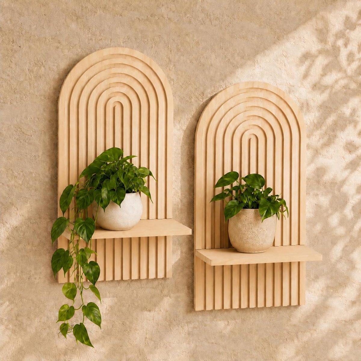 2 stuks boho wandplanken: Boheemse decoratie voor slaapkamer en woonkamer - Zwevende wandplank met boogvorm in mid-century stijl, ideaal voor het tentoonstellen van planten, kaarsen of kleine voorwerpen - Natuurlijke houtkleur