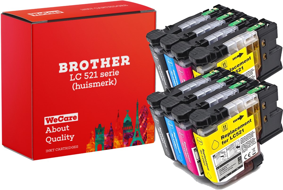 8-pack | Huismerk geschikt voor Brother LC-521 inktcartridges - Geschikt voor DCP-J1360DW - J1260W - J1310DW - J1460DW