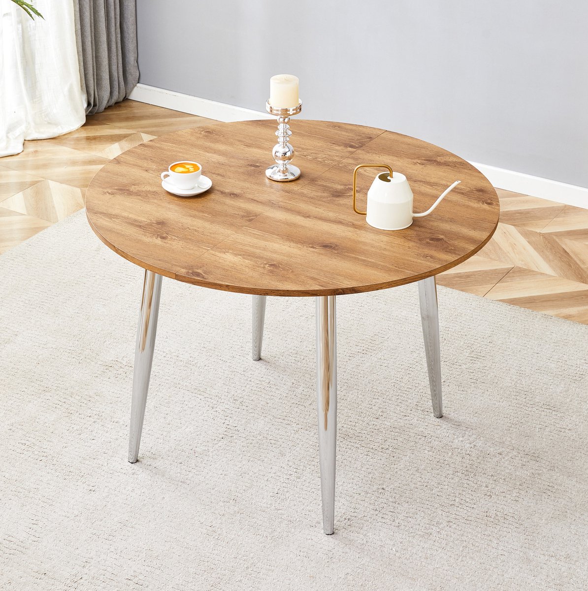 OKWISH Eettafel – Uitschuifbaar Rond Naar Ovaal – 137×107×75 cm – Voor Eethoek En Woonruimte – MDF En Metaal Houtkleur