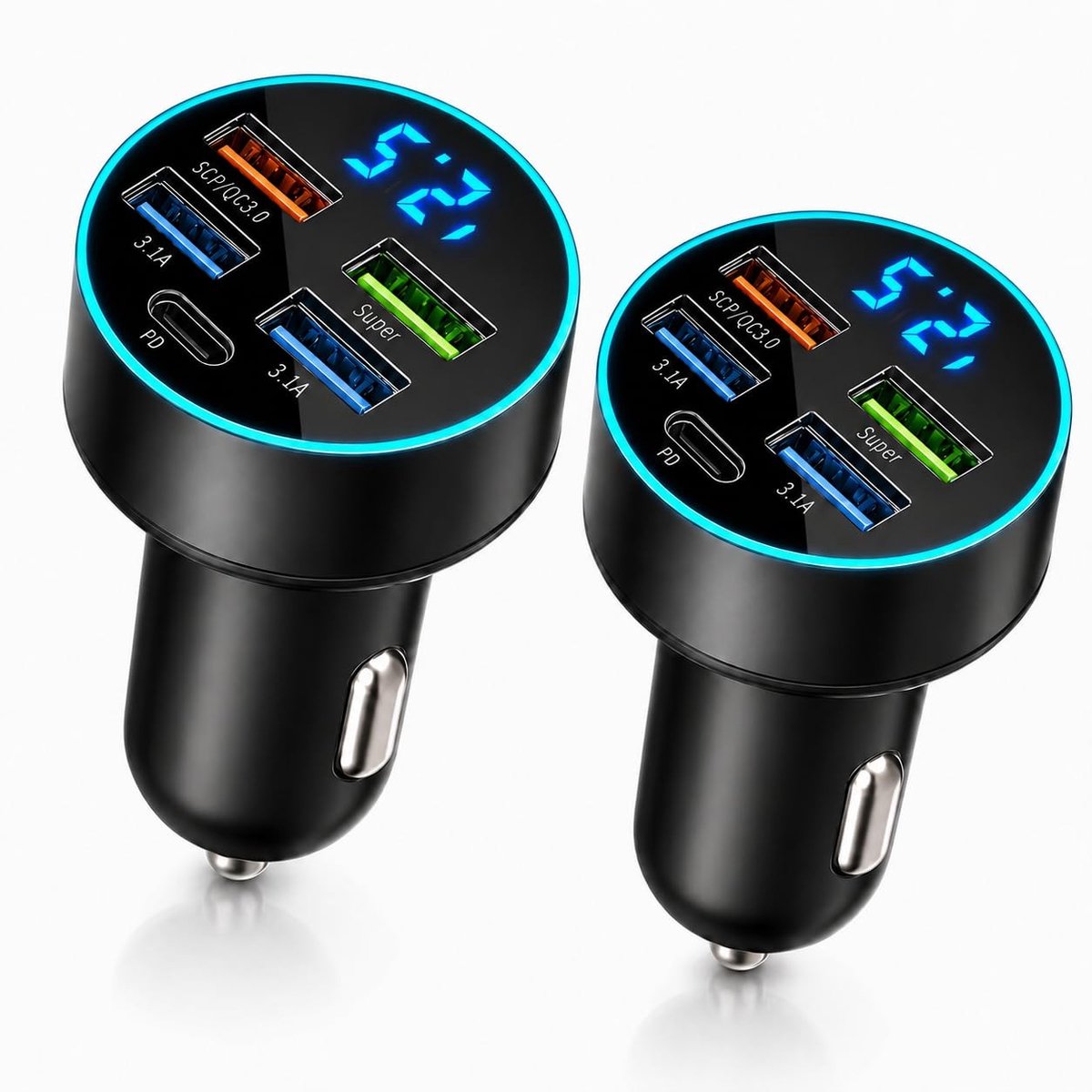 Solidchoice - Set van 2 Snelle USB C Auto Laders met 5 Poorten