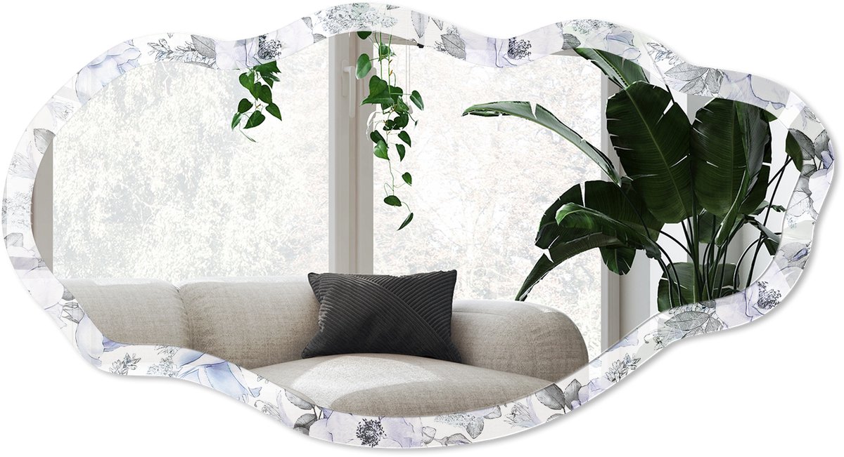 Wallfluent Bloemenpatroon Spiegel - Wit Stijlvolle Wandspiegel - Organische Spiegel - Slaapkamer, Woonkamer, Badkamer - Aquarel - 45x90 cm - Totale afmeting 52x97 cm