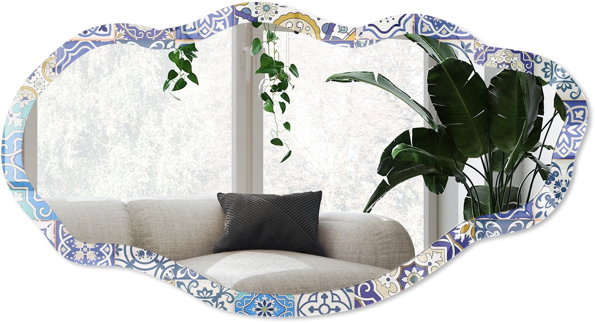 Wallfluent Origineel Mozaïek Spiegel - Blauw Stijlvolle Wandspiegel - Organische Spiegel - Keuken, Badkamer, Woonkamer - Geometrisch - 45x90 cm - Totale afmeting 52x97 cm