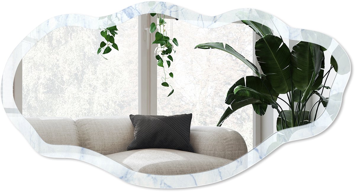 Wallfluent Marmerpatroon Spiegel - Wit Stijlvolle Wandspiegel - Organische Spiegel - Woonkamer - Klassiek - 45x90 cm - Totale afmeting 52x97 cm