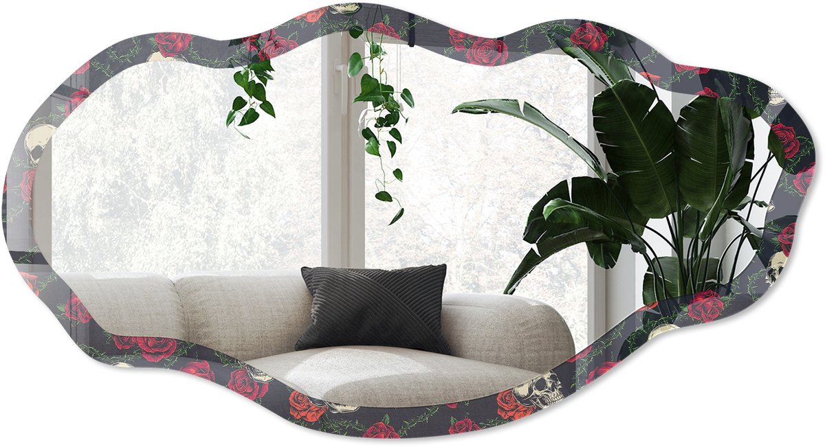 Wallfluent Schedelrozen Spiegel - Zwart Elegante Rechthoekige Wandspiegel - Organische Spiegel - Woonkamer - Tatoeëren - 45x90 cm - Totale afmeting 52x97 cm