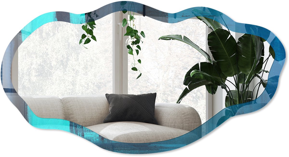 Wallfluent Abstract Blauw Spiegel - Blauw Rechthoekige Spiegel Met Modern Design - Organische Spiegel - Woonkamer, Kantoor, Slaapkamer - Abstract - 45x90 cm - Totale afmeting 52x97 cm
