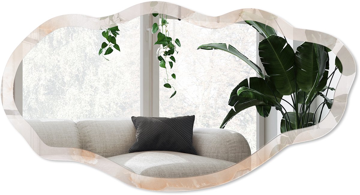 Wallfluent Een Subtiele Steen Spiegel - Beige Strakke Rechthoekige Spiegel - Organische Spiegel - Woonkamer - Klassiek - 45x90 cm - Totale afmeting 52x97 cm