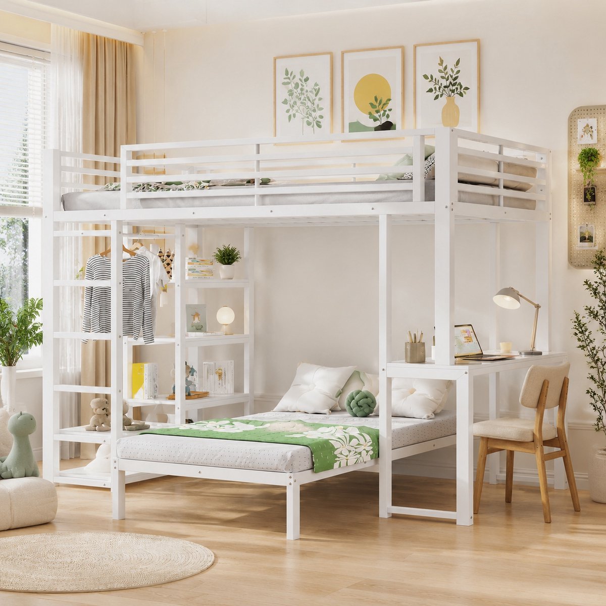 Kinderbed, Twee Slaapruimtes, Stapelbed, IJzeren Frame 90 X 200 cm, Bureau, Dubbel Stopcontact Met USB- En Type-C-Aansluiting, 4 Planken, Kledingkast, EN747-Gecertificeerd, Exclusief Matras, Wit
