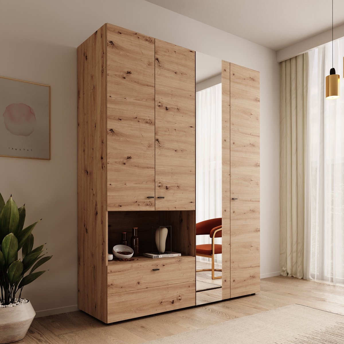 MEUBELLA Calista - Kledingkast met 4 deuren - Eiken - 155x52x208 cm