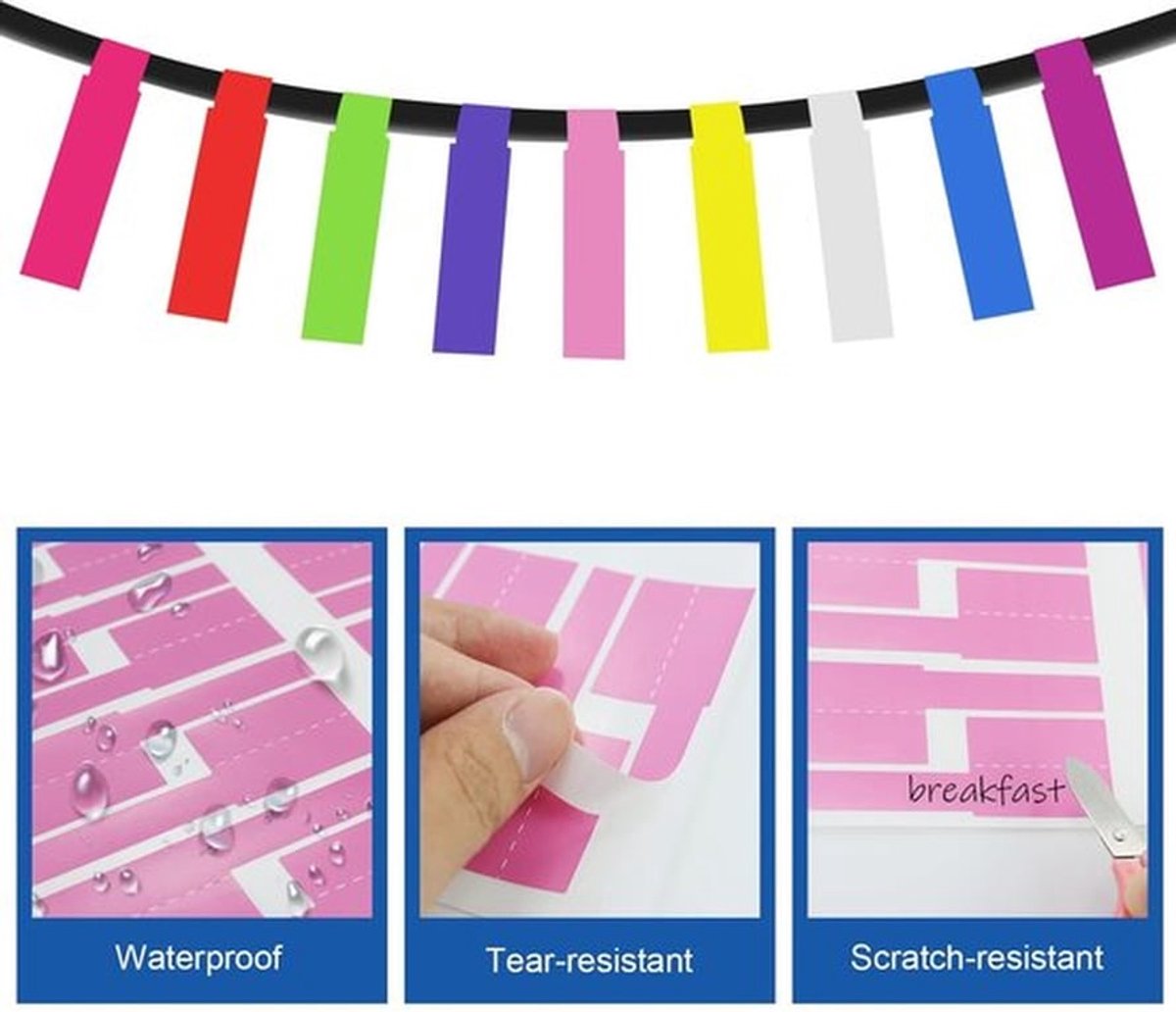 Kabeletiketten 300 Stuks - Zelfklevende Kabelmarkers - Waterdichte Kabelmarkering - Beschrijfbare Kabelstickers - 10 Kleuren - Geschikt voor Alle Kabeltypes