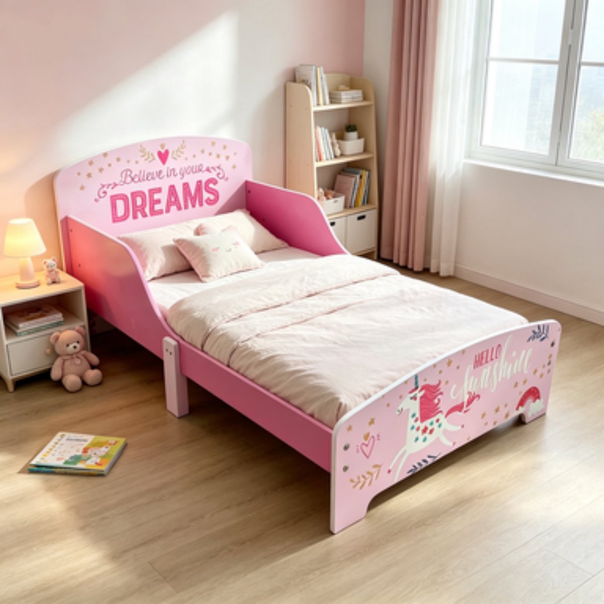 Eenhoorn Kinderbed Roze met Uitvalscherm en Zijtafel – Peuterbed voor Meisjes 140x70 cm, Totaal 142,4x77x60 cm (Zonder Matras) — cadeau in Cadeau-ideeën - foto 6