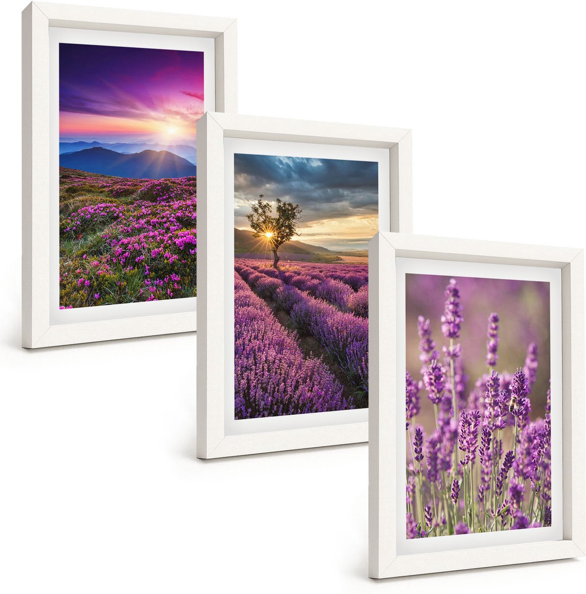 Wallfluent 3-Delige Schilderij Set - Landschap Met Lavendelvelden En Zonsondergang - 20 x 30 - Decoratieve Muurdecoratie - Slaapkamer - Moderne Wanddecoratie