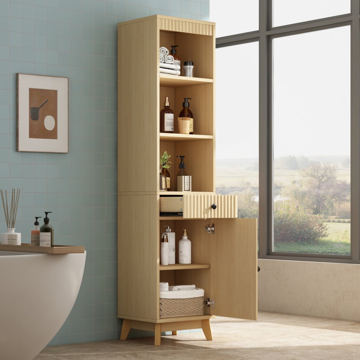 Badkamerkast Hoge Opbergkast Met Ombouwbare Deur En Lade - Open Vakken En Soft Close - Naturel Hout - 40x36x172 Cm