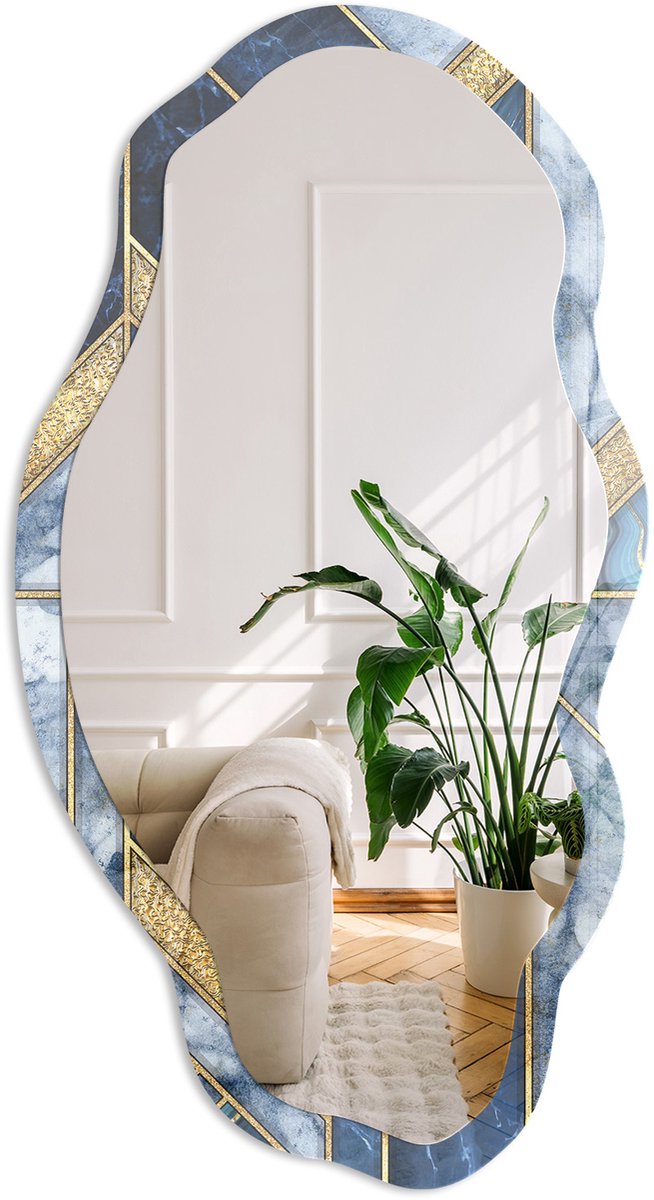 Coloray Blauw Mozaïek Spiegel - Blauw Rechthoekige Spiegel Voor Interieur - Organische Spiegel - Woonkamer - Geometrisch - 45x90 cm - Totale afmeting 52x97 cm