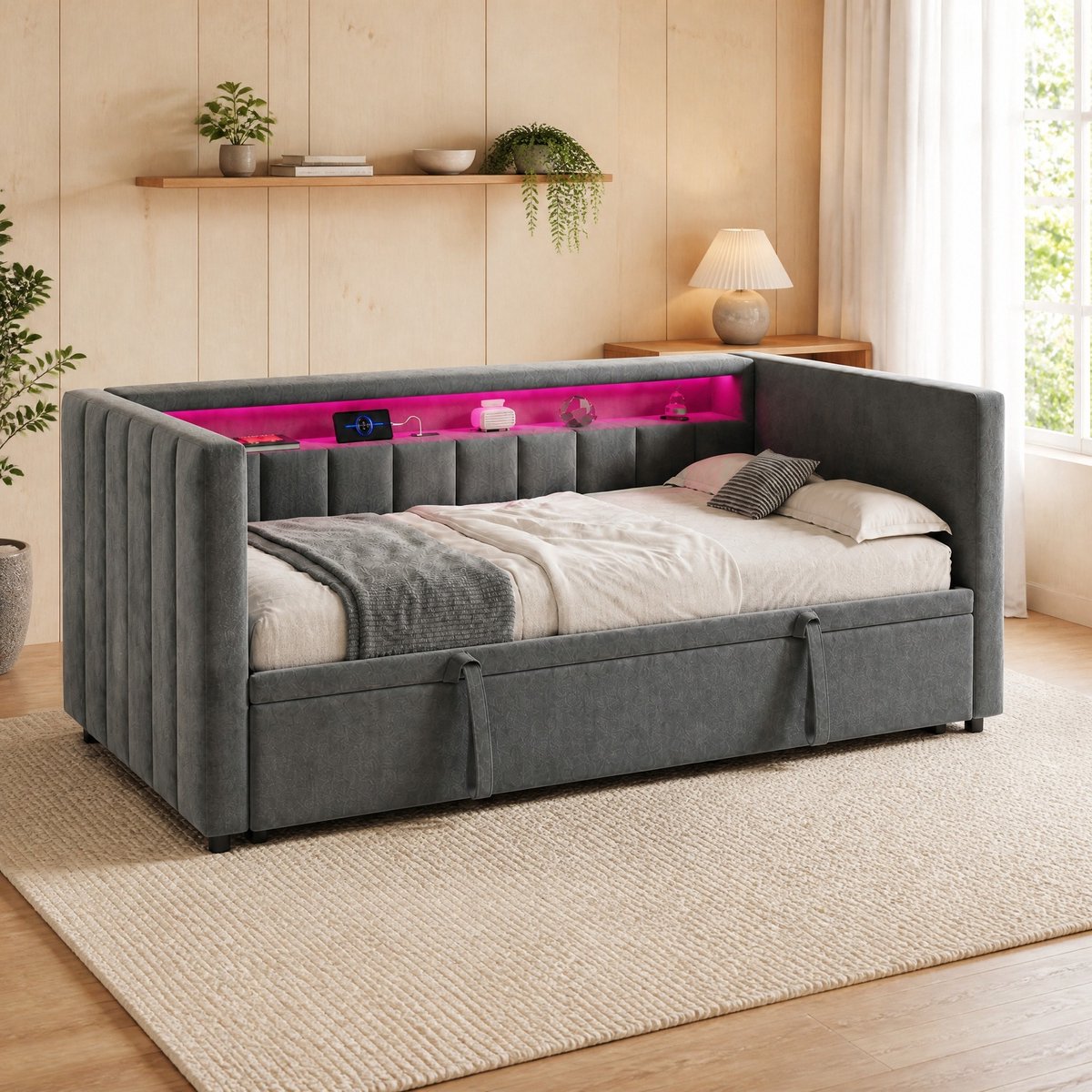 REDOM - Slaapbank - Uitklapbaar bed - USB-C aansluiting - LED-verlichting - Moderne stijl - Woonkamer en logeerkamer - Velours - Grijs - 201 x 100 x 73 cm