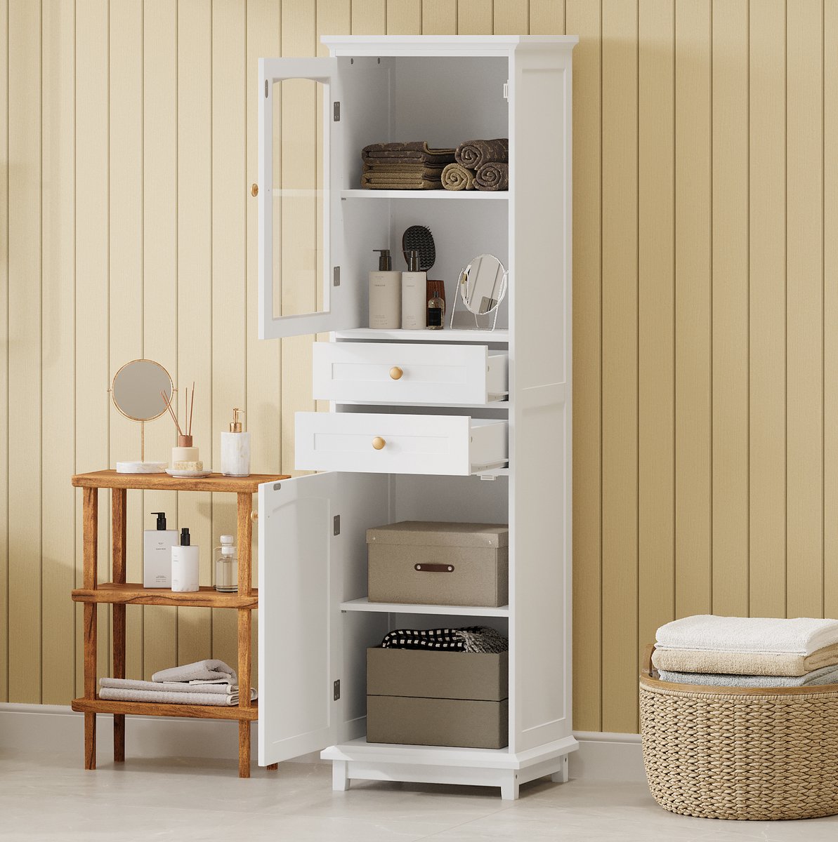 REDOM - Badkamerkast - Glazen deur en 2 lades - Verstelbare plank en open vakken - Magneetsluiting - Moderne stijl - Badkamer - MDF en glas - Wit - 45 x 36 x 160 cm
