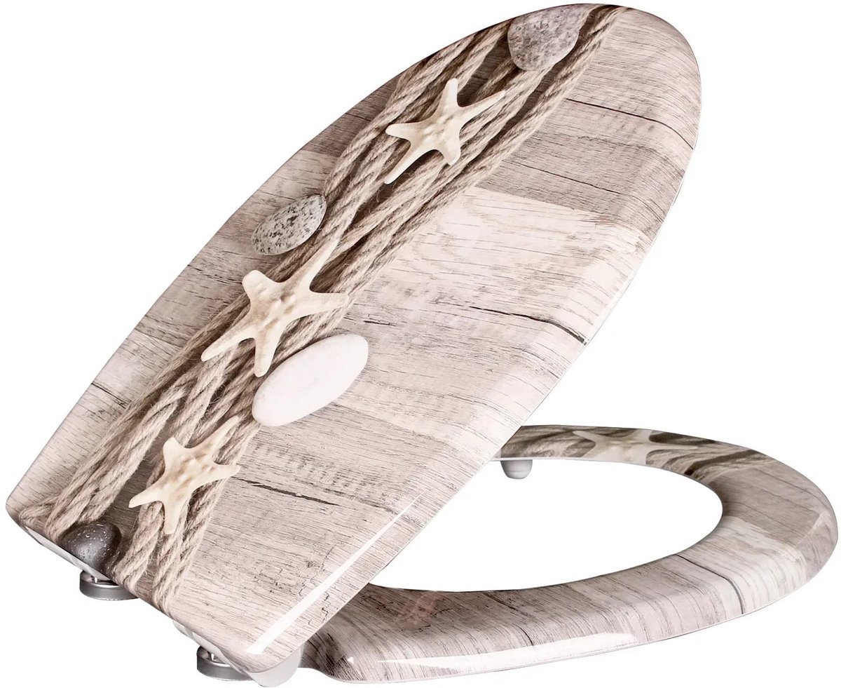 Klarven® Toiletbril Hennep touw zeester - Soft-close Sluiting, Stille Demping - Gemakkelijk Schoon te Maken, Draagvermogen 150 kg - O-vorm B 45,5 x D 37,1 cm