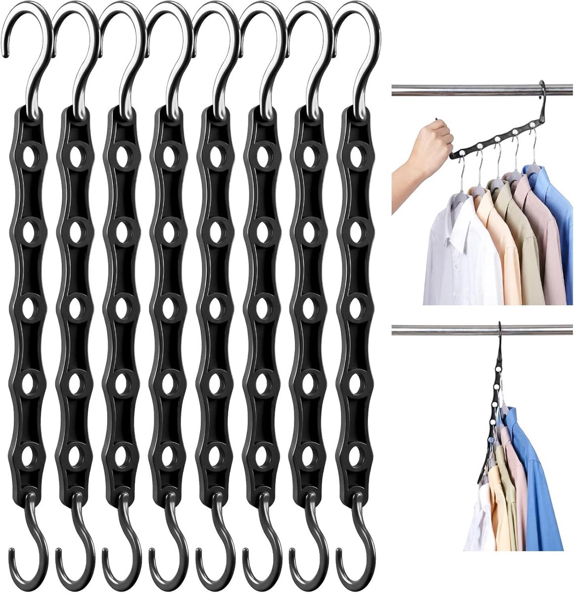 Houten kleerhangers - Zwart - Set van 8 - Kunststof met 5 Gaten voor Ruimtebesparing - Voor Organisatie van Kleding