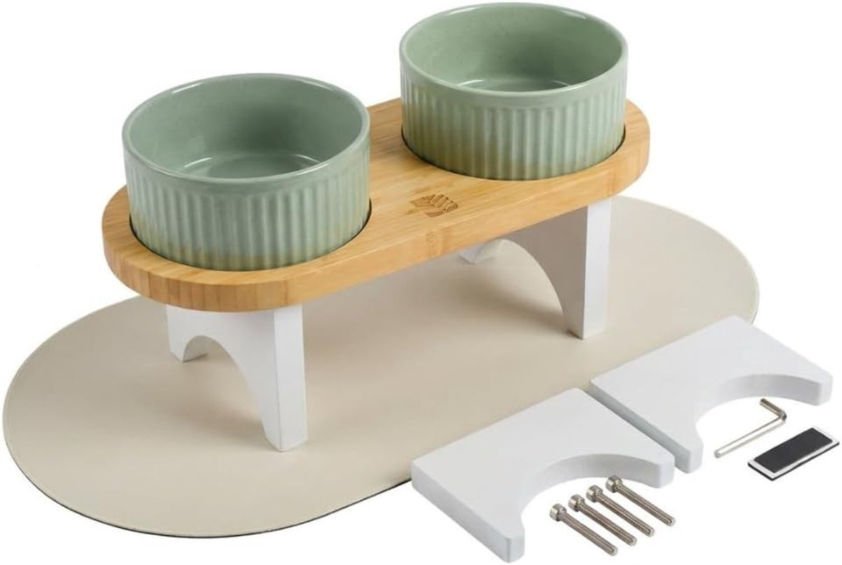 Verhoogde voerbak voor grote hond - Bamboe - Verstelbare hoogte - Keramische bakjes met antislip mat - Voor honden en katten