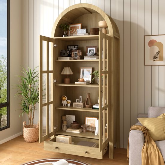 OKWISH Vitrinekast Bogenmodel Met Transparante Acryldeuren En Lade Voor Woonkamer Eetkamer Slaapkamer En Kantoor MDF Naturel 75 X 35 X 170,5 Cm van okwish — afbeelding 3