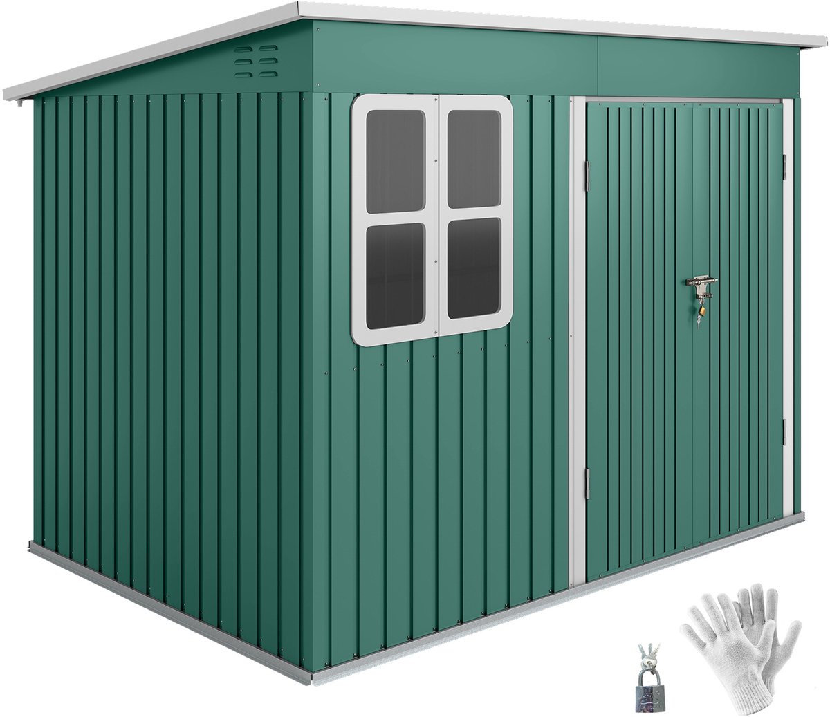 Metalen schuur voor het opbergen van tuingereedschap - met raam - brede deur - 260 x 177 x 190 cm - groen