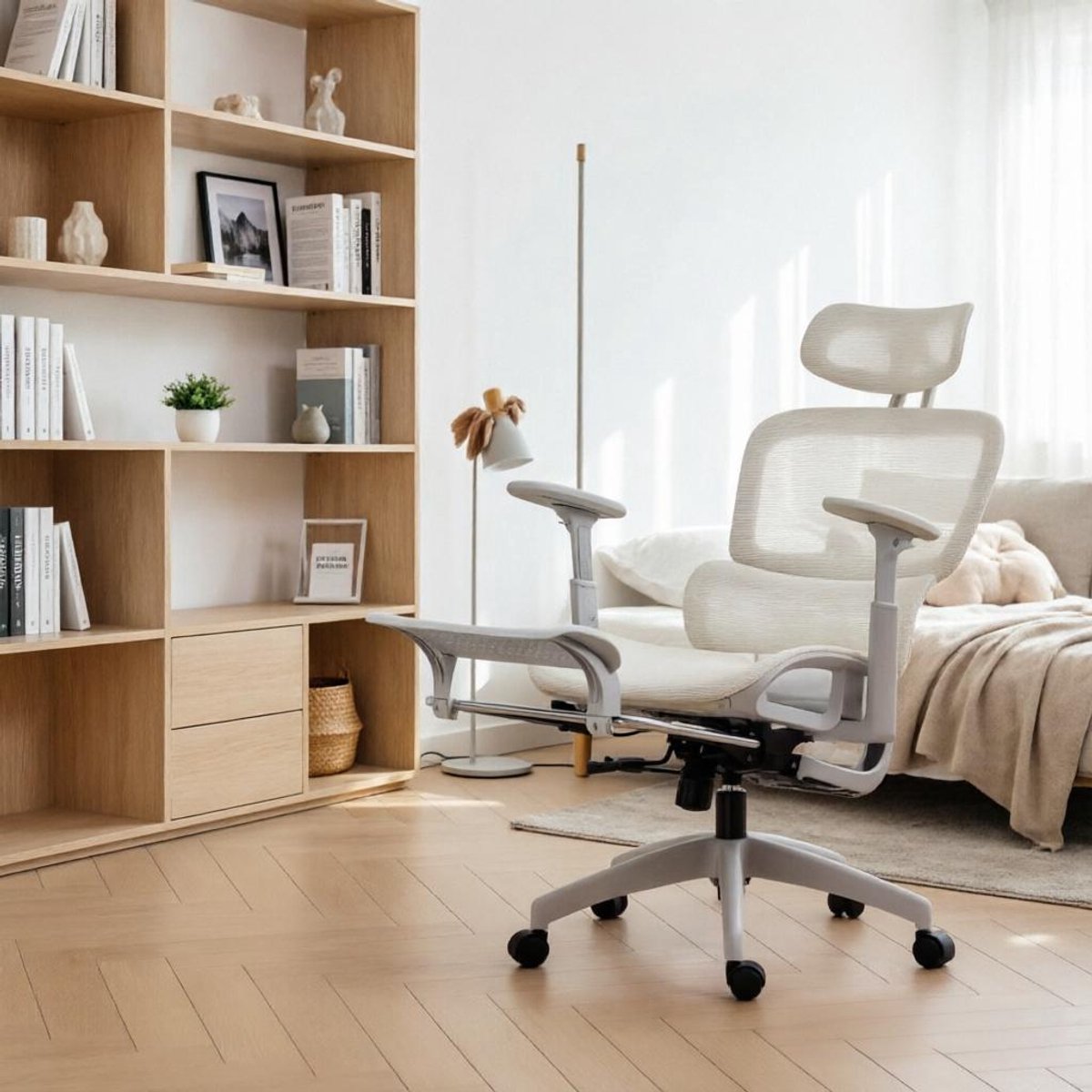 HAUSS SPOLE Bureaustoel - Ergonomische Mesh Stoel - Verstelbare Hoofdsteun En 3D Armleuningen - Kantelbaar Met Voetsteun - Beige