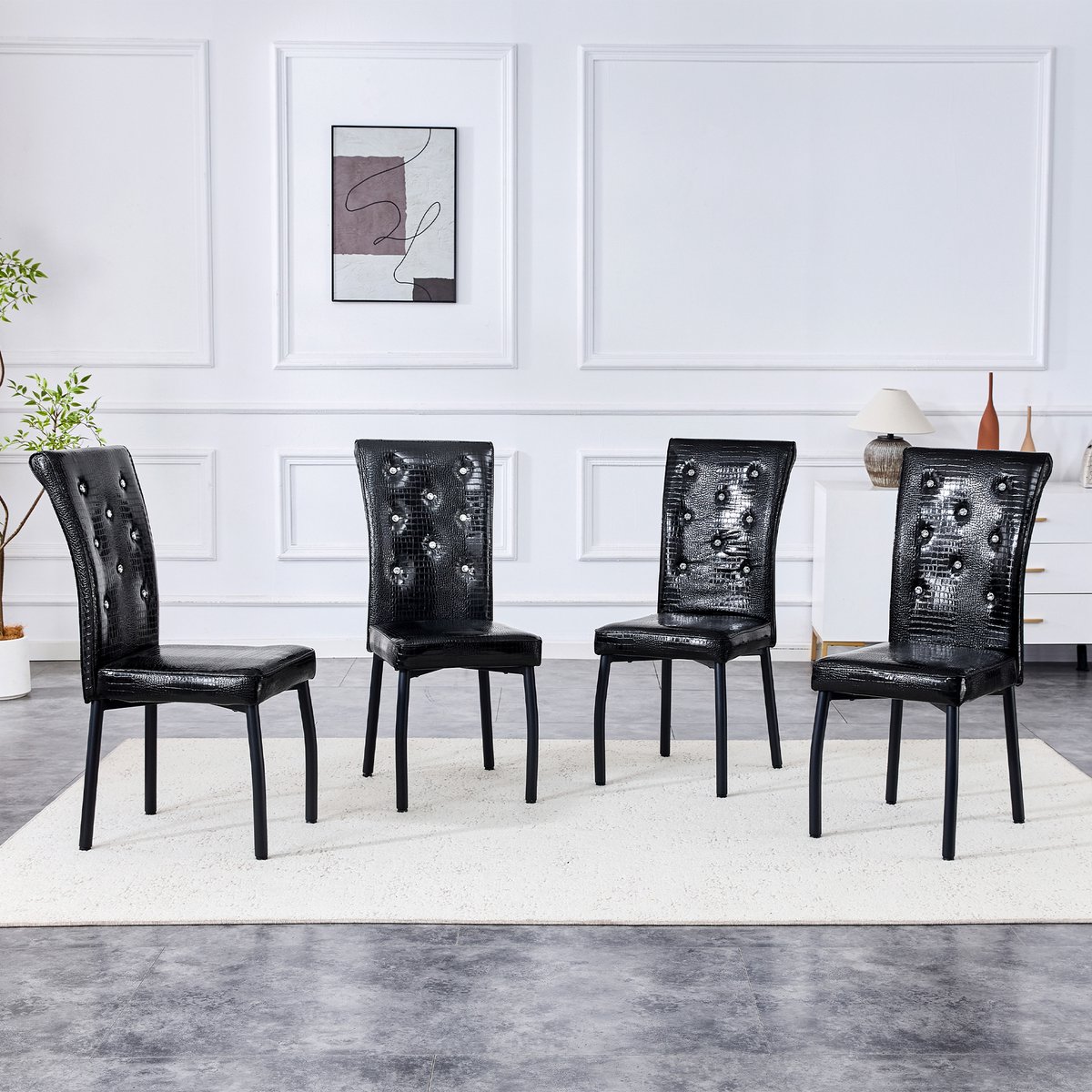 Eetkamerstoel Zwart - Retro Vintage - Met Krokodillenstructuur En Kristallen Knopen - Voor Eetkamer, Keuken En Horeca - Kunstleer En Metaal