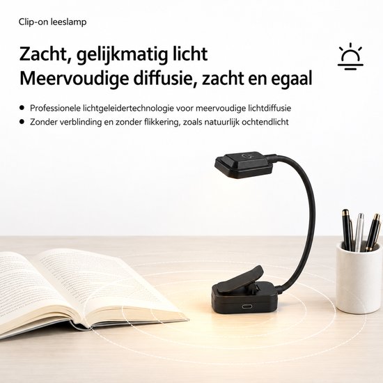 Leeslampje voor boek - Boeklampje - Klemlamp - 3 LED Kleuren - Staand Bedlampje Lamp - USB Oplaadbaar - Dimbaar - Zwart — afbeelding 2