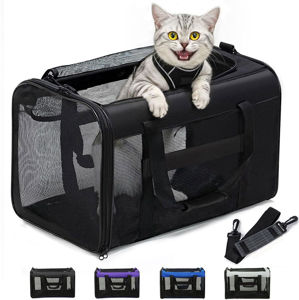 Transportbox met net aan 4 zijden, goedgekeurd voor vliegreis, ideaal voor kittens tot 6 kg, opvouwbaar