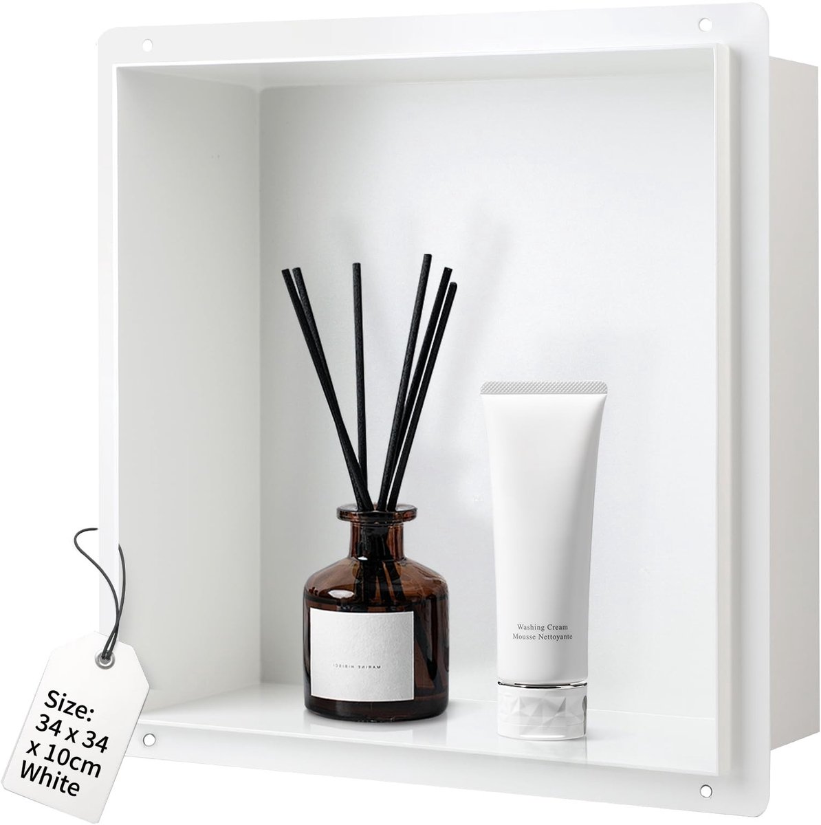 Dailygoods - DBREAKS Wandnis douche roestvrij staal, 34 x 34 x 10 cm douchenis, witte douchebak ingebedde opslag, wandnis opslag voor badkamer, wandnis enkele plank opslag, doucheplank randloos