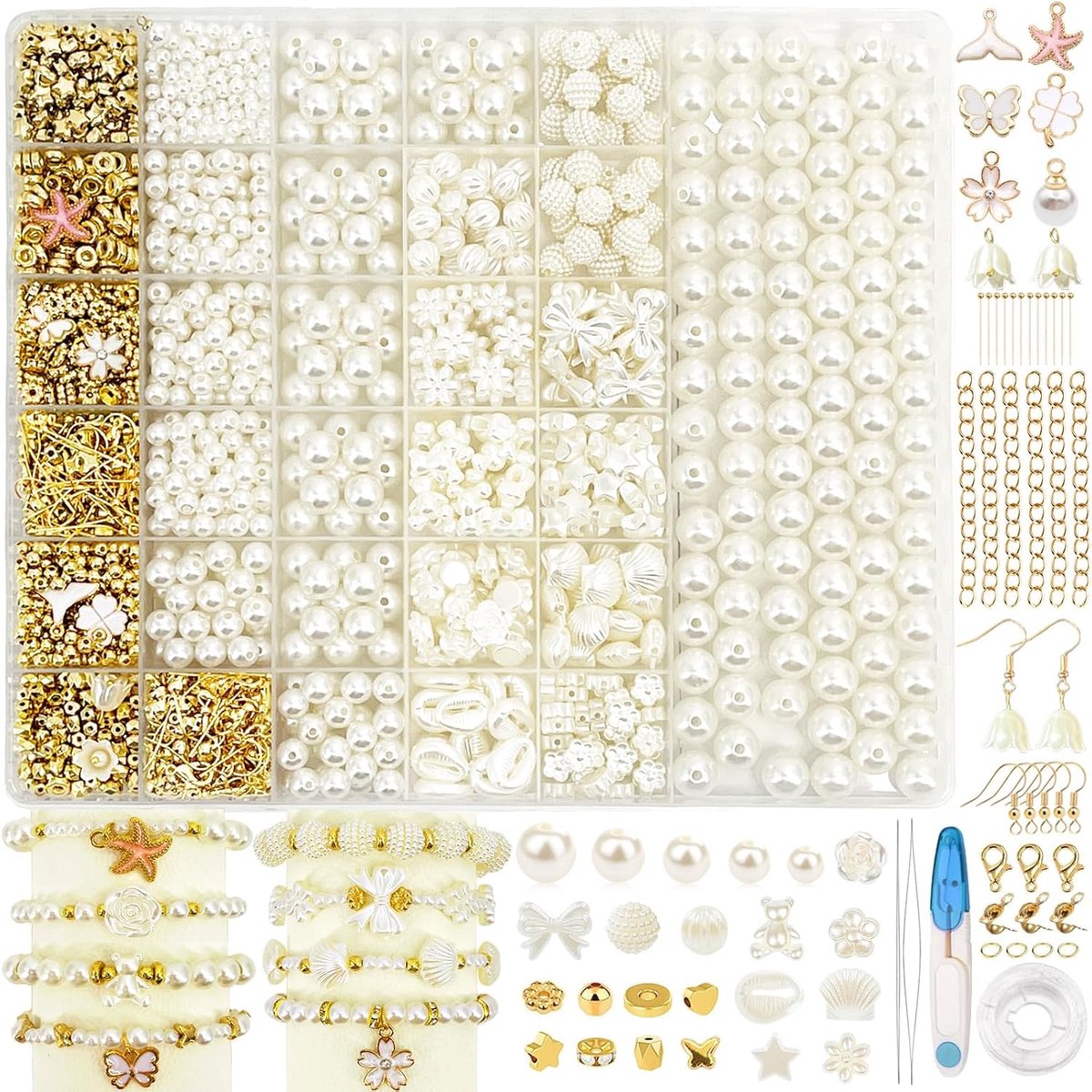 1600 stuks parels voor armbanden voor volwassenen, witte parels om op te rijgen voor DIY kralen voor sieraden maken, parelset sieraden gebruikt voor Kerstmis, feesten, Pasen, feestdagen