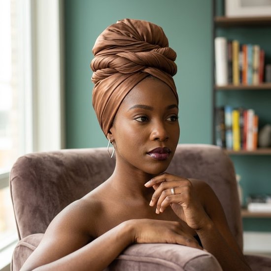 Model met bruine hoofddoek in tulbandstijl, zittend in een fauteuil, met op de achtergrond een boekenkast.
