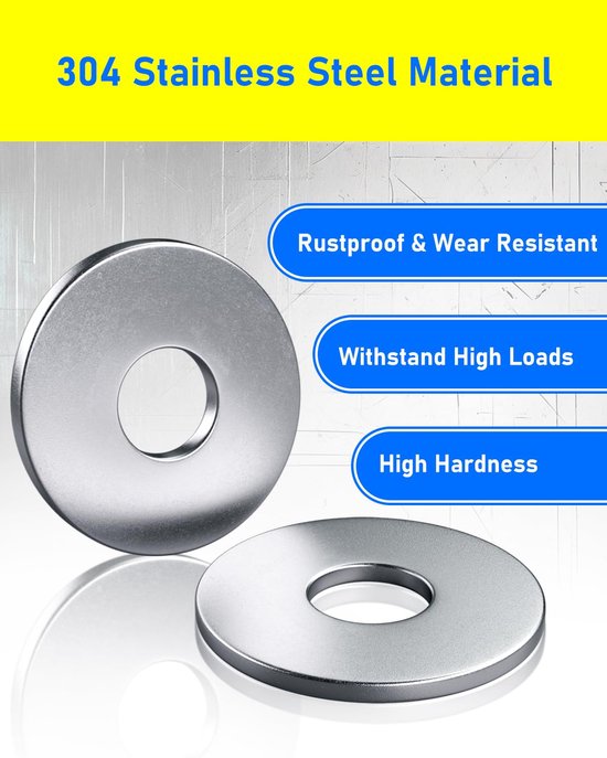 Sluitringen M6, HOLMOL M6 x 18mm carrosserieringen, 304 roestvrijstalen sluitringen, bijlageschijven 6mm voor schroeven, platte sluitringen voor schroeven en bouten — afbeelding 2